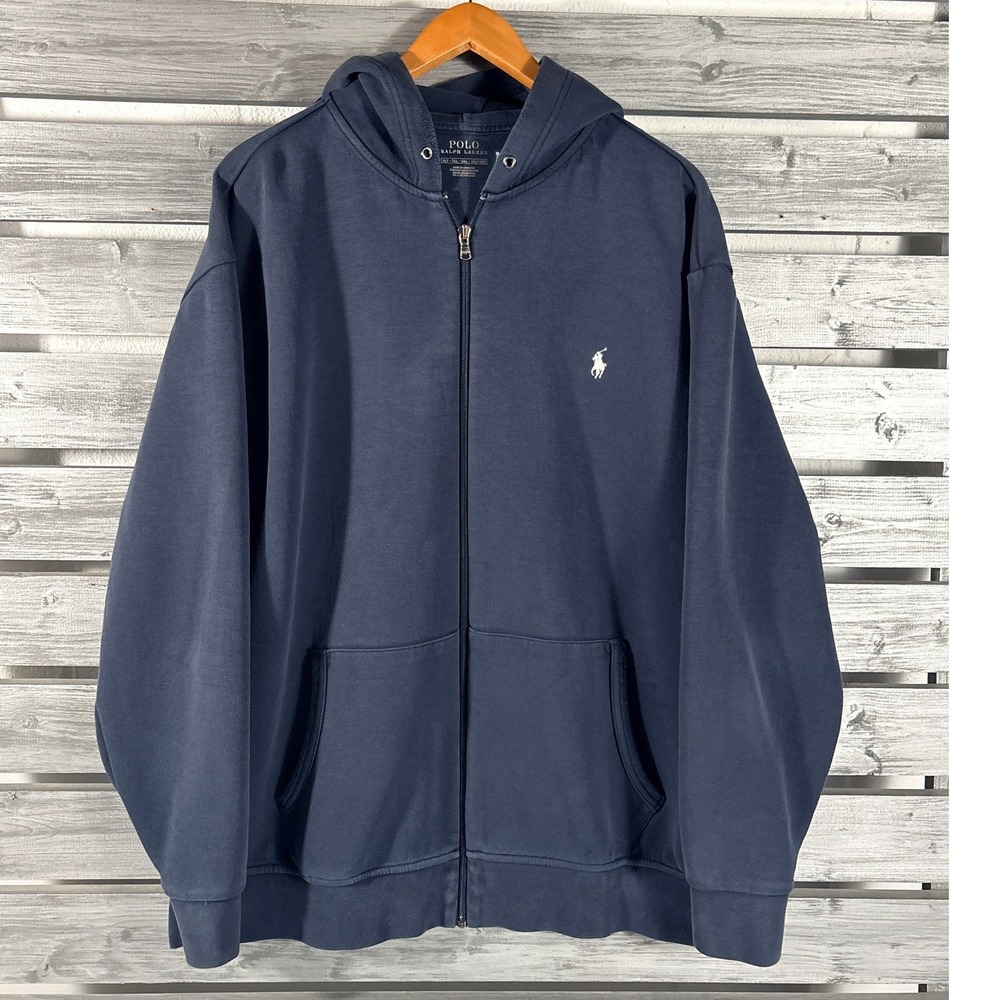 Polo Ralph Lauren Mens Blue Full Zip Pony Logo Hoodie Sweatshirt XLT faded/worn